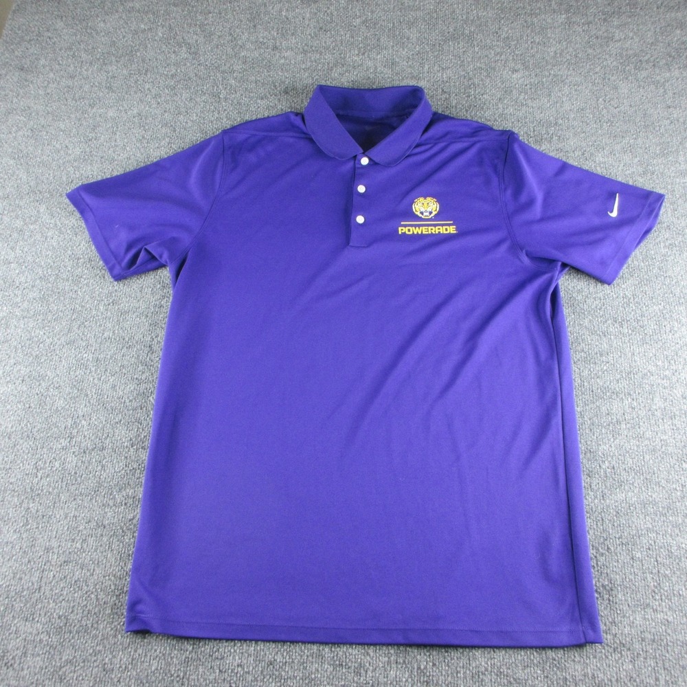 Nike Polo Shirt Mens L Purple Short Sleeve Powerade LSU Tigers Logo